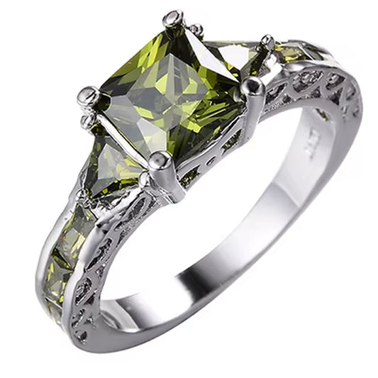 Square Peridot Rings for Women/Men Fashion Jewelry Oilve Green CZ Birthstone White Gold Color Party Gifts Dropshipping