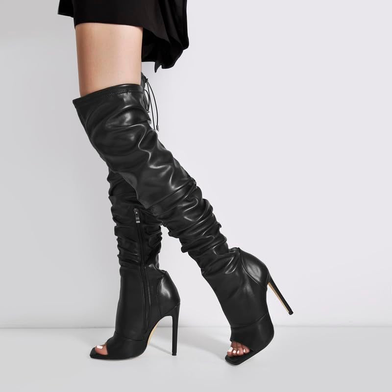 Women'S Pointed Toe Lace up Back Zipper Stiletto Heel over the Knee High Boots Long Boots