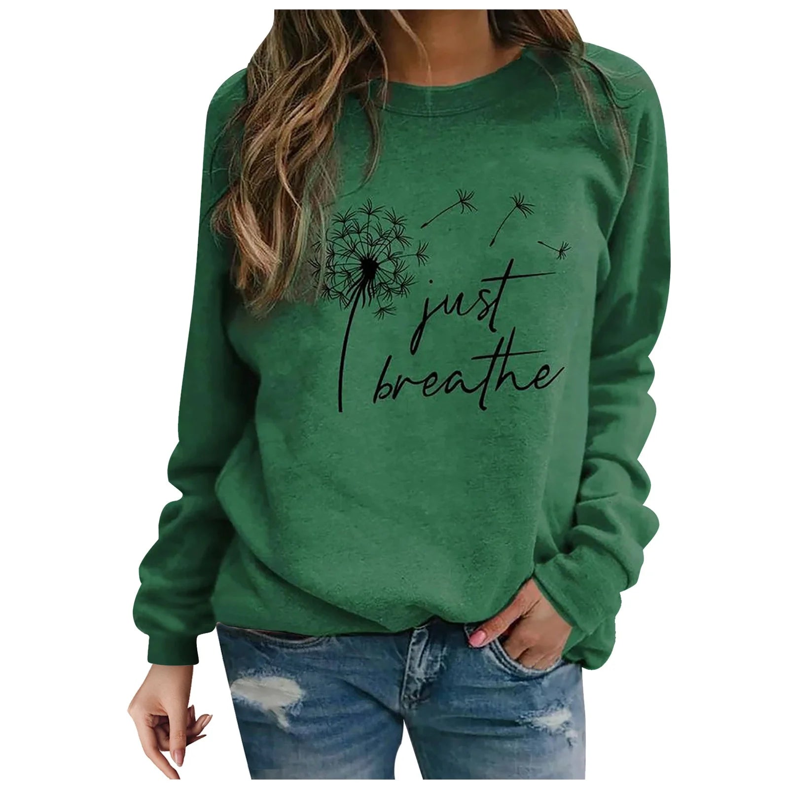 Fall Sweatshirts for Women Floral Letter Print Long Sleeve Blouse round Neck Loose Graphic Tee Womens Tops Sweatshirts Fall Clothes Comfy Green S