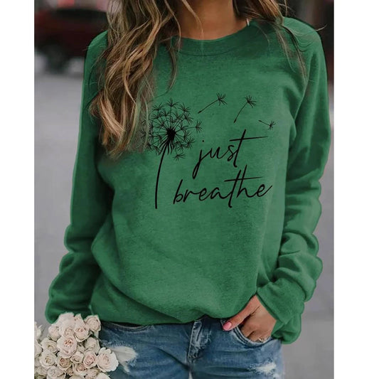 Fall Sweatshirts for Women Floral Letter Print Long Sleeve Blouse round Neck Loose Graphic Tee Womens Tops Sweatshirts Fall Clothes Comfy Green S