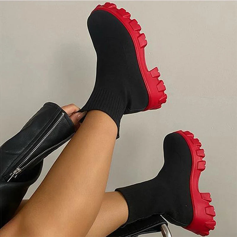 Women Boots Elastic Platform Boots Breathable Spring Summer Heels Botas Mujer Slip on Ankle Boots Elegant Woman Heeled Shoes